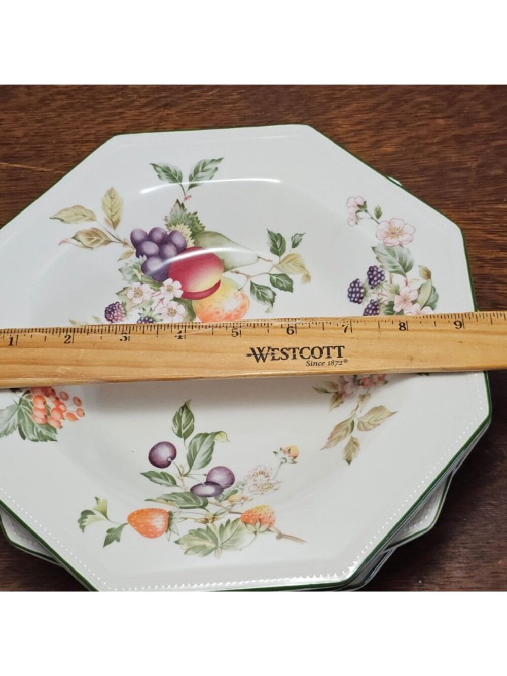 3 Johnson Brothers Fresh Fruit Bowl 9" large rim octagonal soup pasta green rim - Picture 4 of 9